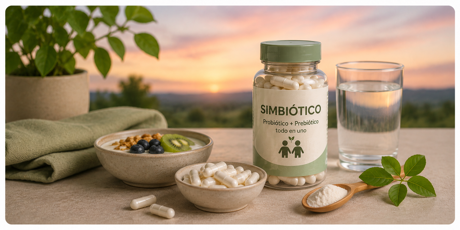 Simbiótico con probióticos y prebióticos para la salud intestinal
